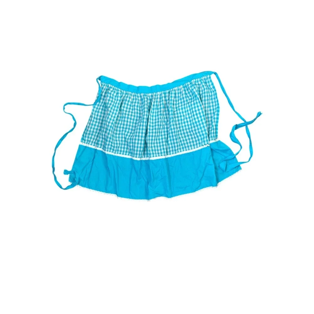 Vintage Blue Gingham Half Apron Rickrack Trim Front Pocket Retro Cottagecore‎